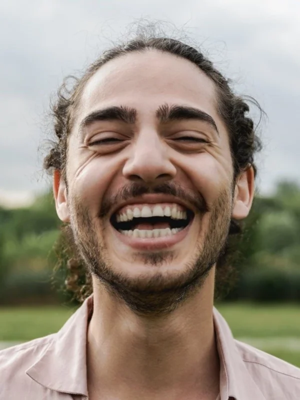 Young happy man smiling and looking at camera in park